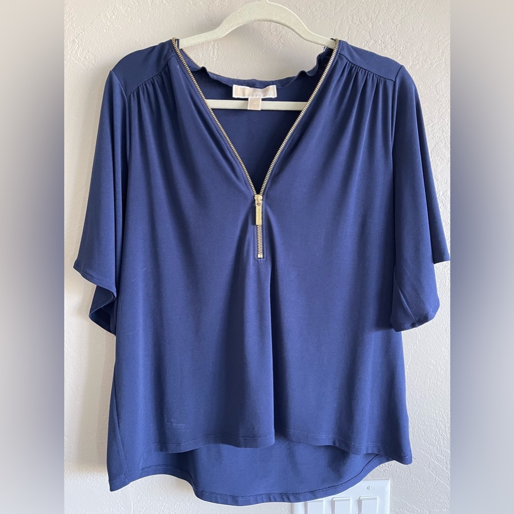 Michael Kors navy blouse top zipper front gold zipper size M